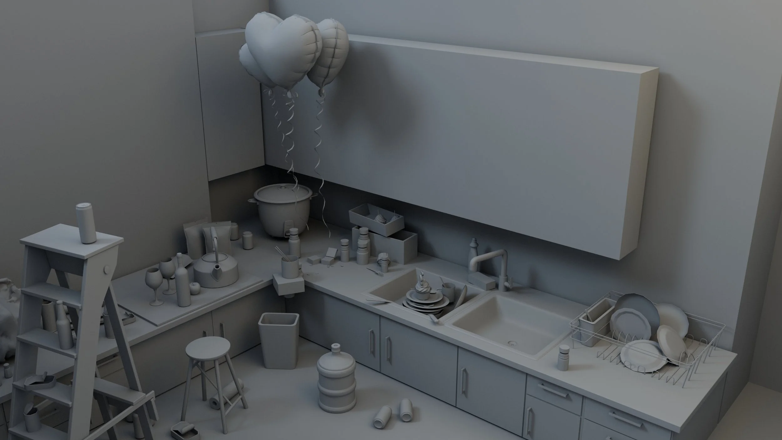 The Day We Flew — grey block-out of the kitchen scene layout
