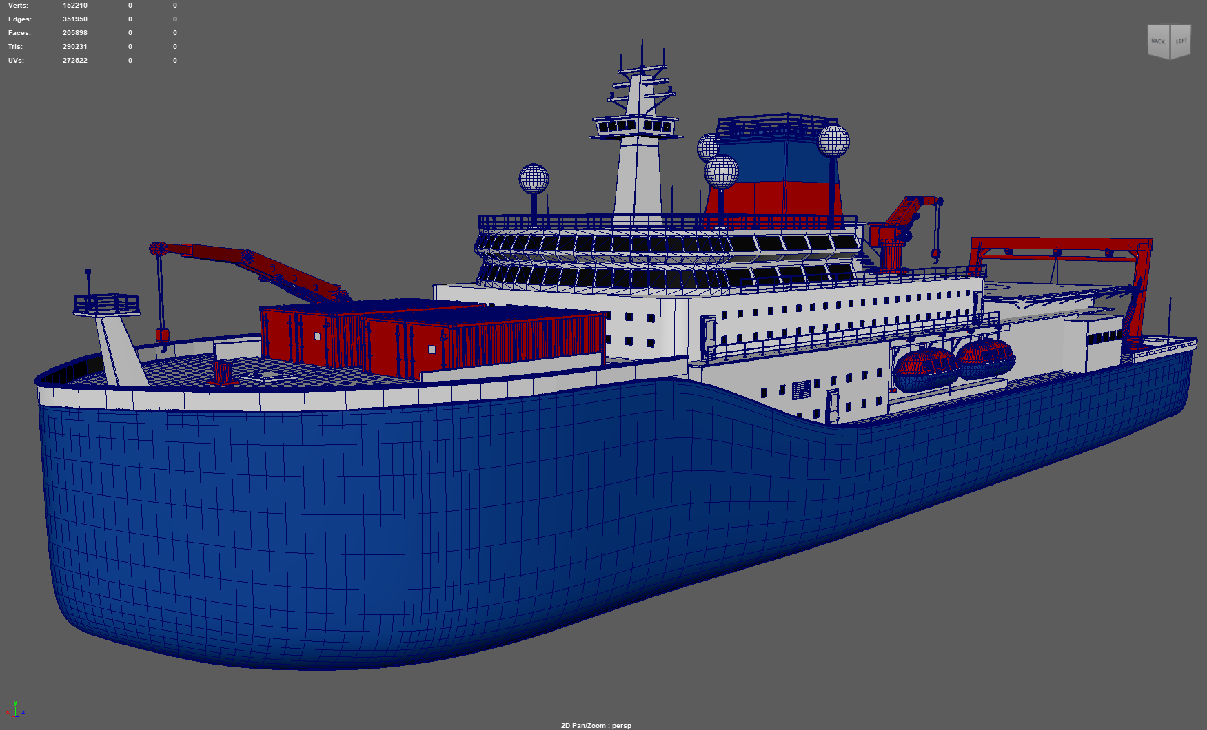 Polarstern II ship model in Maya, bow three-quarter view with wireframe